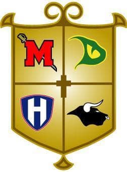 The Battleground Baseball shield, quartered with the Matadores, Dragons, Highlanders, and Toros marks around a cross